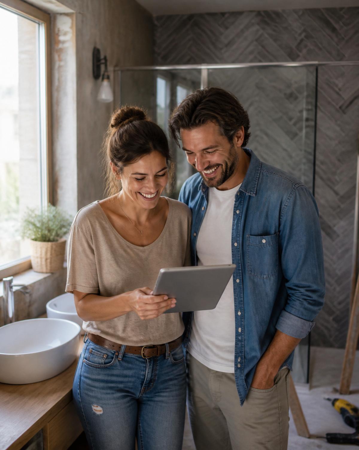 Lachendes Paar plant seine Badrenovation gemeinsam am Tablet