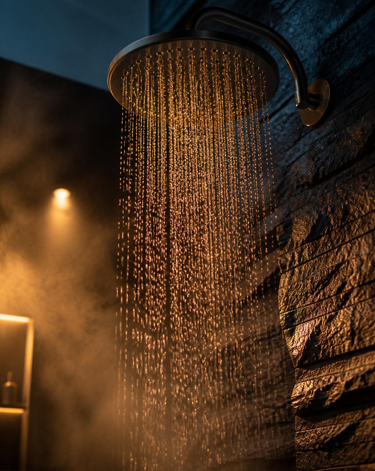 Regendusche mit warmem Licht und Dampf vor dunkler Steinwand